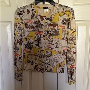 J. Crew Cream Cardigan with Yellow & Brown Ski Resort Print